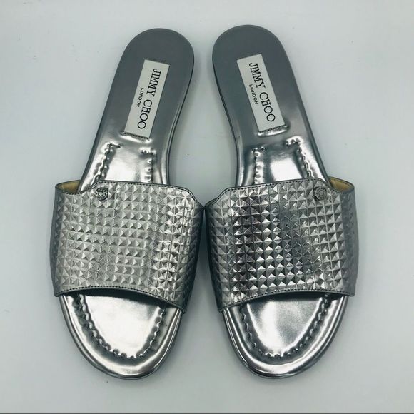 NWOB! JIMMY CHOO STEEL MIRRORED LEATHER SLIDES - Picture 4 of 7